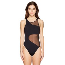 Kenneth Cole Women’s High Neck One Piece Swimsuit (Black // All Meshed Up, Large)