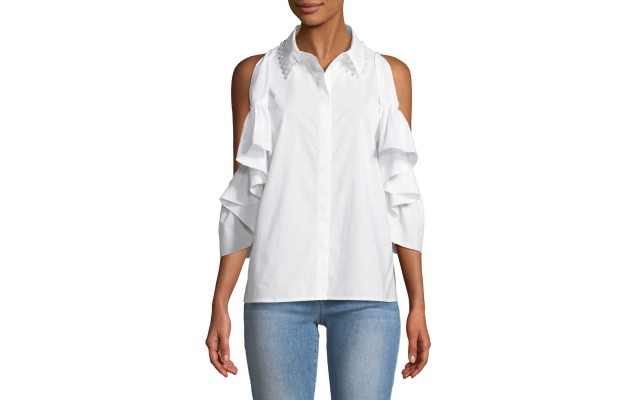  Cold-Shoulder Pearlescent Trimmed Poplin Blouse (Natural, S)