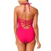  Women’s Island Goddess Lattice Front Strappy Back Halter One Piece Swimsuit
