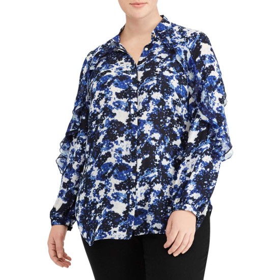 Ralph Lauren Plus Ruffled Floral Shirt (Blue, 2X)