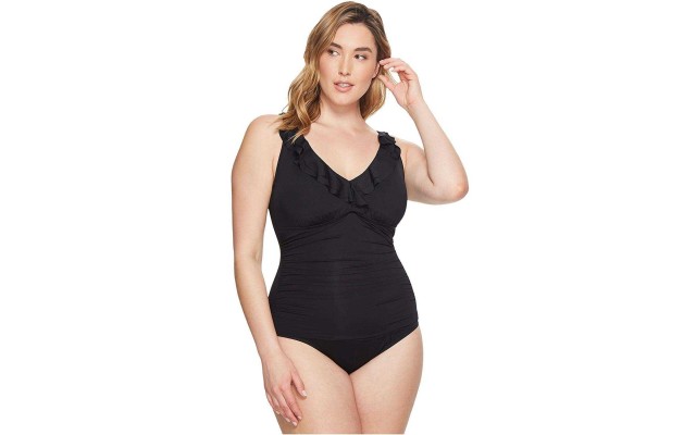 LAUREN  – Plus Size Beach Ruffle Over the Shoulder One-Piece (Black, 22W)