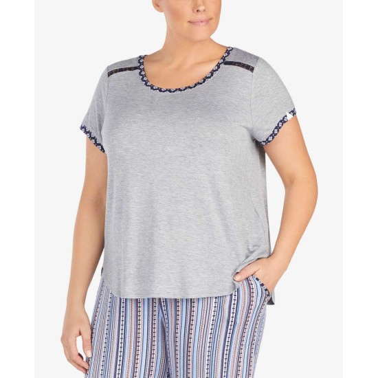  Women's Plus Size Contrast-Trim Lace-Trim Pajama Tops