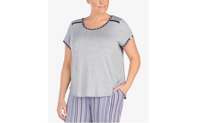  Women's Plus Size Contrast-Trim Lace-Trim Pajama Tops