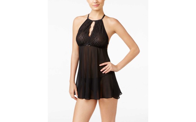  Chiffon and Lace Halter Babydoll (Black, S)