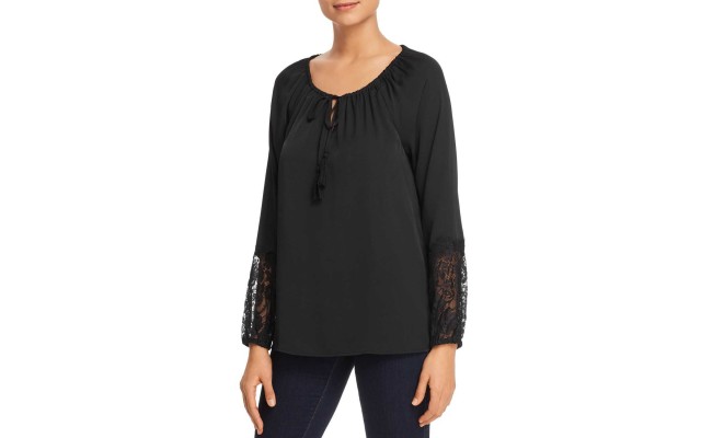  Lace Sleeve Peasant Top (Black, L)