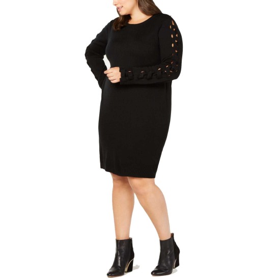   Lace-Up Sleeve Sweater Dress (Black, 1X)