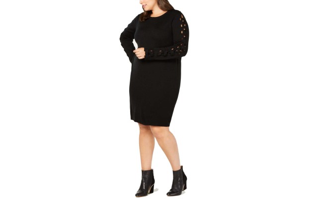   Lace-Up Sleeve Sweater Dress (Black, 1X)