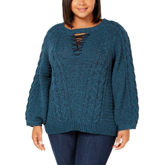  Lace Up Sweater (Medıum Blue, 1X Plus)