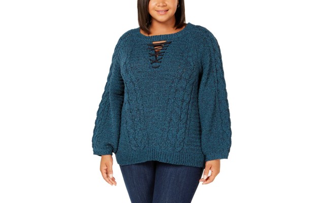  Lace Up Sweater (Medıum Blue, 1X Plus)