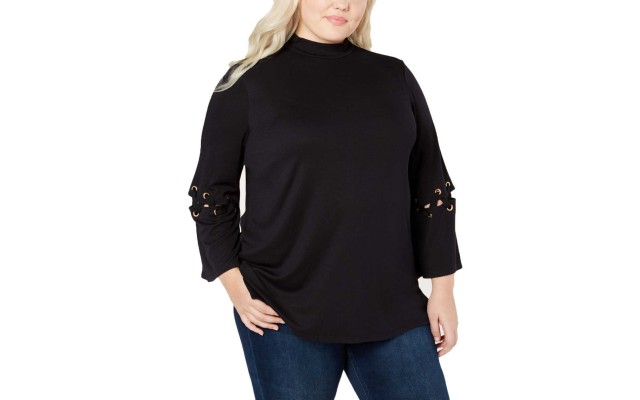  Plus Size Lace-Up Detail Grommet Top (Black, 1X)