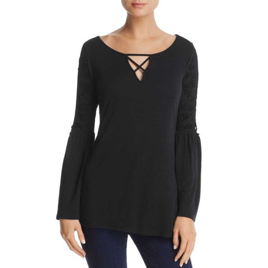  Women's Lace-Up Bell Sleeve Blouse Pullover Shirt Tops