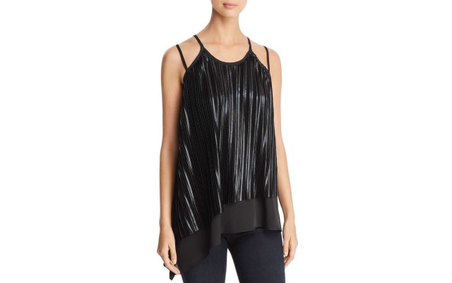  Women's Pleated Overlay Asymmetric Blouses Top, Black, Small