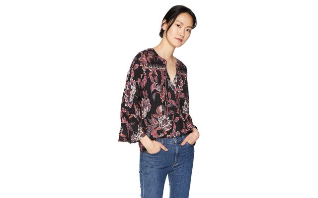  Floral-Print Bell-Sleeve Top (Multi, XS)