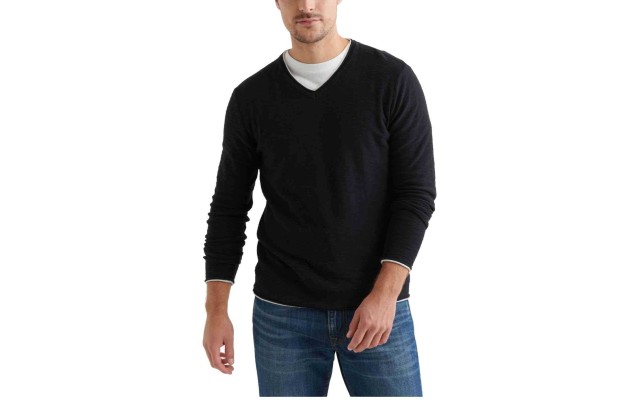  Men’s Textured V-Neck Sweater (Black, Small)