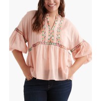 Lucky Brand Plus Embroidered Peasant Top (Bright Orange, XL)