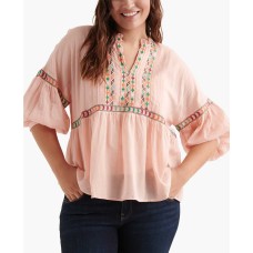 Lucky Brand Plus Embroidered Peasant Top (Bright Orange, XL)
