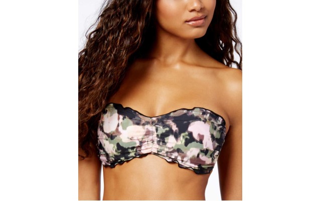  Smokescreen Camo-Print Ruffled Bandeau Bikini Top (Multicolored, S)