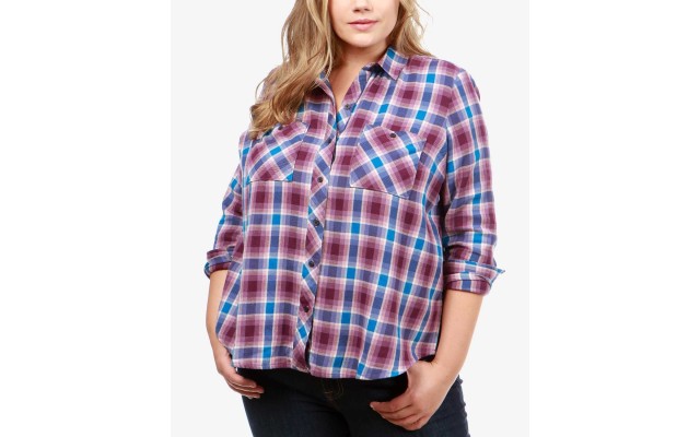  Trendy Plus Cotton Plaid Utility Shirt  (Purple Multi, 3X)