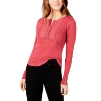 Lucky Brand Women's Cotton Embroidered Henley Thermal Blouse Pullover Shirt Tops