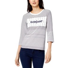 Maison Jules Cotton Striped Crochet-Overlay Bonjour Top (Navy, XXS)