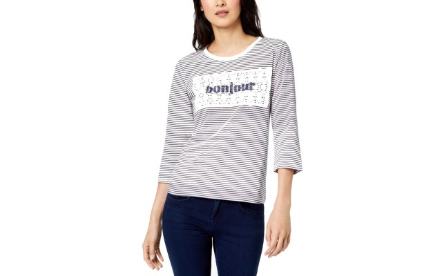  Cotton Striped Crochet-Overlay Bonjour Top (Navy, XXS)