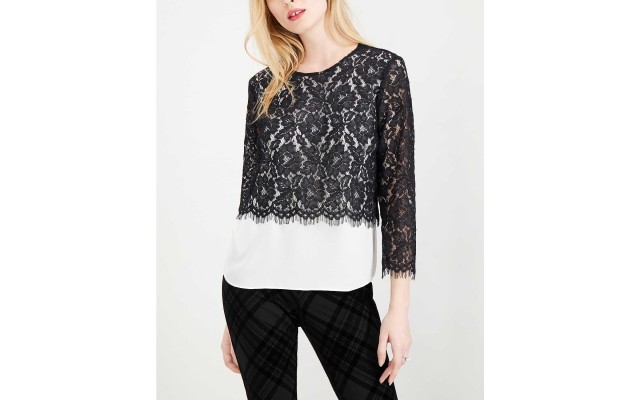  Lace-Overlay Blouse (Black, XXS)