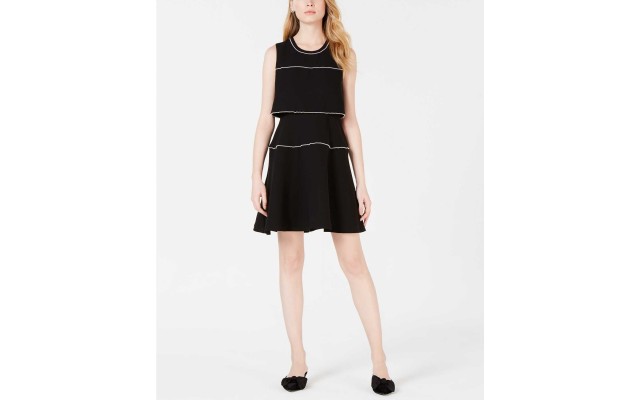 Pearl-Trim Fit & Flare Dress (Black, XL)