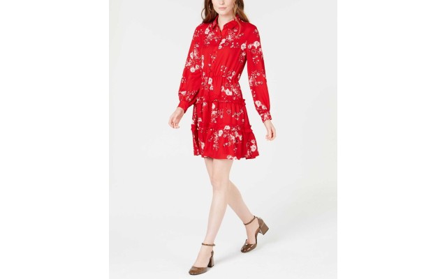  Printed Ruffled Shirtdress (Bright Red, XL)