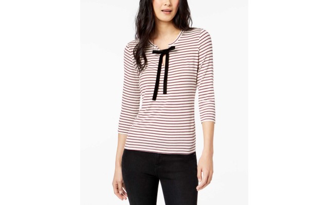 Striped Neck-Tie Top (White, XL)