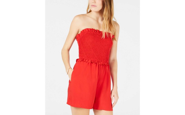  Women's Strapless Smocked Rompers, Bright Red, Small