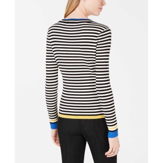  Women's Striped Ribbed-Knit Sweaters, Black, Small