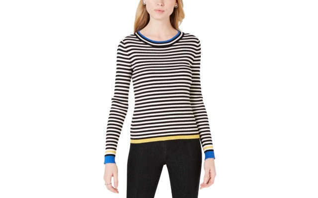  Women's Striped Ribbed-Knit Sweaters, Black, X-Large