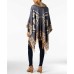  Faux Fur Collar Printed Cape (Blue)