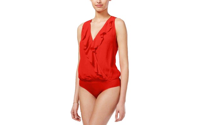  Juniors Ruffled V-Neck Bodysuit (Orange, Large)