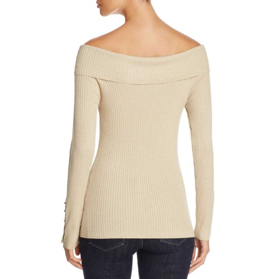  Women's Ribbed Off-The-Shoulder Sweaters, Champagne, Small