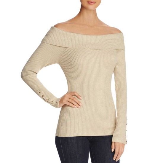  Women's Ribbed Off-The-Shoulder Sweaters, Champagne, Small