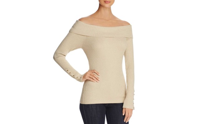  Women's Ribbed Off-The-Shoulder Sweaters, Champagne, Large