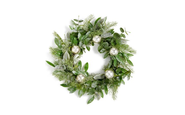  Collection 24″ Lightly Frosted Wreath with Mercury Glass Balls