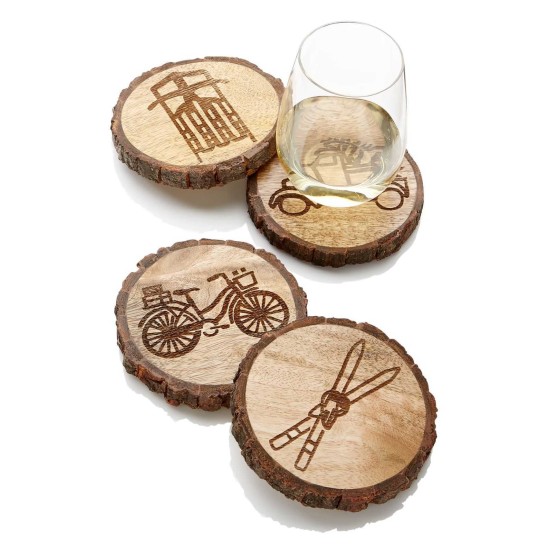  Collection Wood Coasters with Icons, Set of 4
