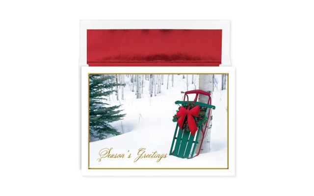  Holiday Collection 16 Cards / 16 Foil Lined Envelopes, Winter Sled