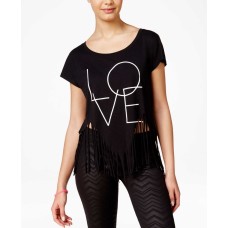 Material Girl Active Juniors Fringe Graphic Top (Black, Medium)