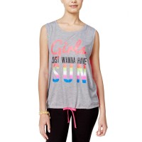 Material Girl Active Juniors’ Graphic Tie-Front Tank Top (Grey, Medium)