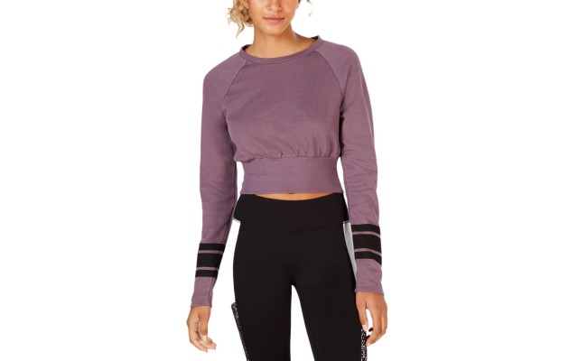  Juniors’ Striped-Sleeve Crop Top (Lavender)