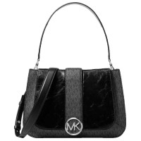Michael Kors Lillie Signature Polished Top-Handle Handbag Satchel (Black/Silver)