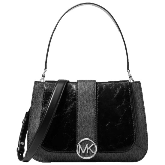  Lillie Signature Polished Top-Handle Handbag Satchel (Black/Silver)