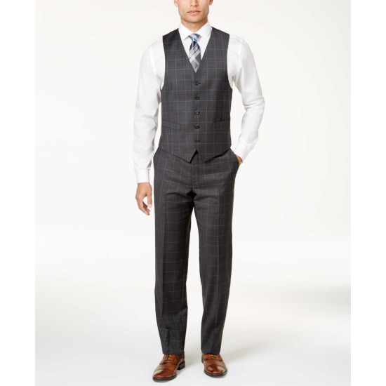  Men’s Classic-Fit Dark Windowpane Vested Suit (Gray & Blue, 40 REG 33W)