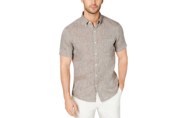  Men’s Cross-Dye Linen Shirt (Sand, XL)