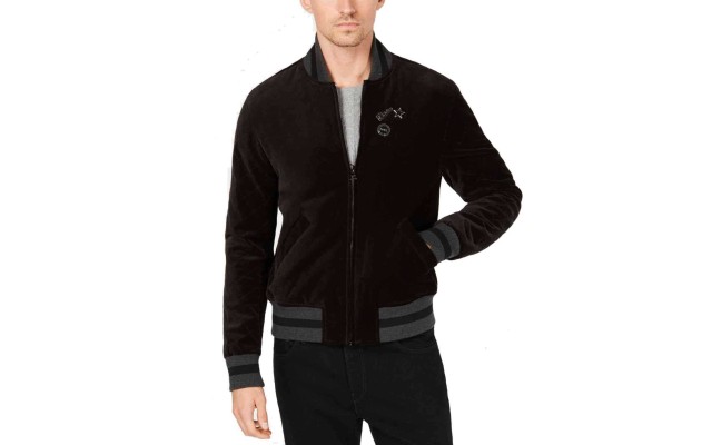  Men’s Regular-Fit Velvet Bomber Jacket (Black, Medium)