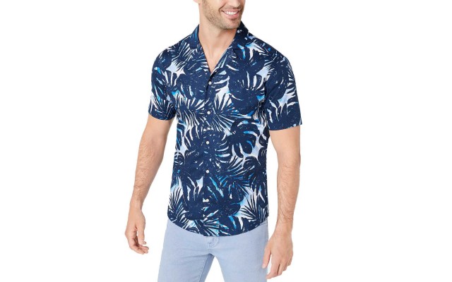  Men’s Slim-Fit Stretch Palm-Print Camp Shirts