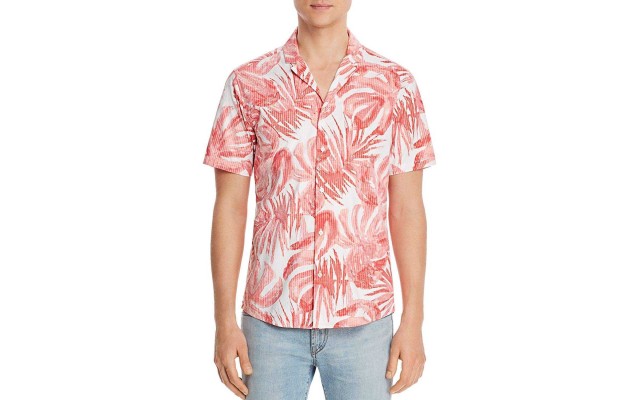  Men’s Slim-Fit Stretch Striped Palm-Print Seersucker Camp Shirts